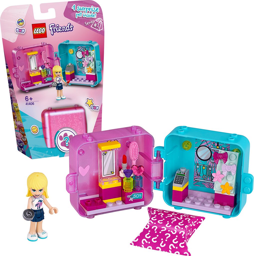 A LEGO Friends Stephanie's Magical Cube - Beauty Salon playset is shown, including the packaging, the opened cubes, and a mini-figure.