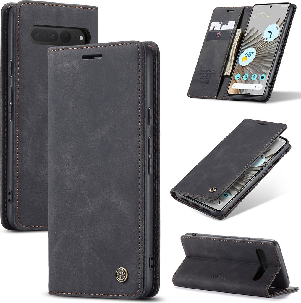 Google Pixel 8 Hülle, Retro Kunstledertasche mit Standfunktion Schutzhülle für Google Pixel 8 Schwarz