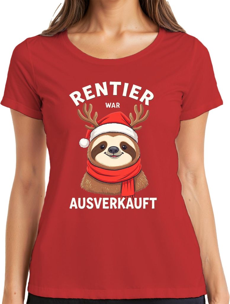 Rentier war t Faultier mit Geweih Weihnachtshut Damen T-Shirt, Rot, L