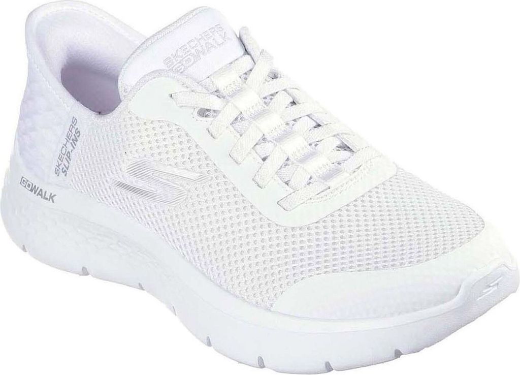 A white Skechers Go Walk Flex sneaker is shown from a side-angle against a white background.