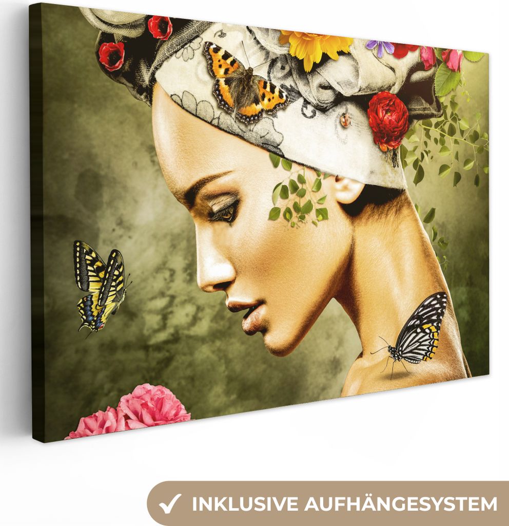 MuchoWow - Leinwandbilder - Frau - Blumen - Farben - Schmetterlinge - Rosen - Kopftuch, Wandbild, Wanddeko Bilder Wohnzimmer, 120x80 cm