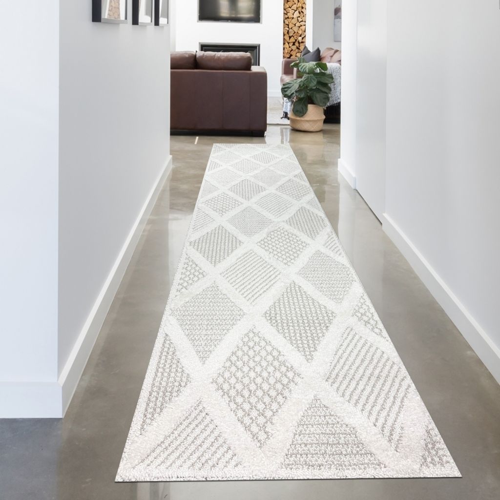 Wohnzimmer Schlafzimmer Teppich mit verschieden gemusterten Rauten in creme grau Größe - 80 x 300 cm