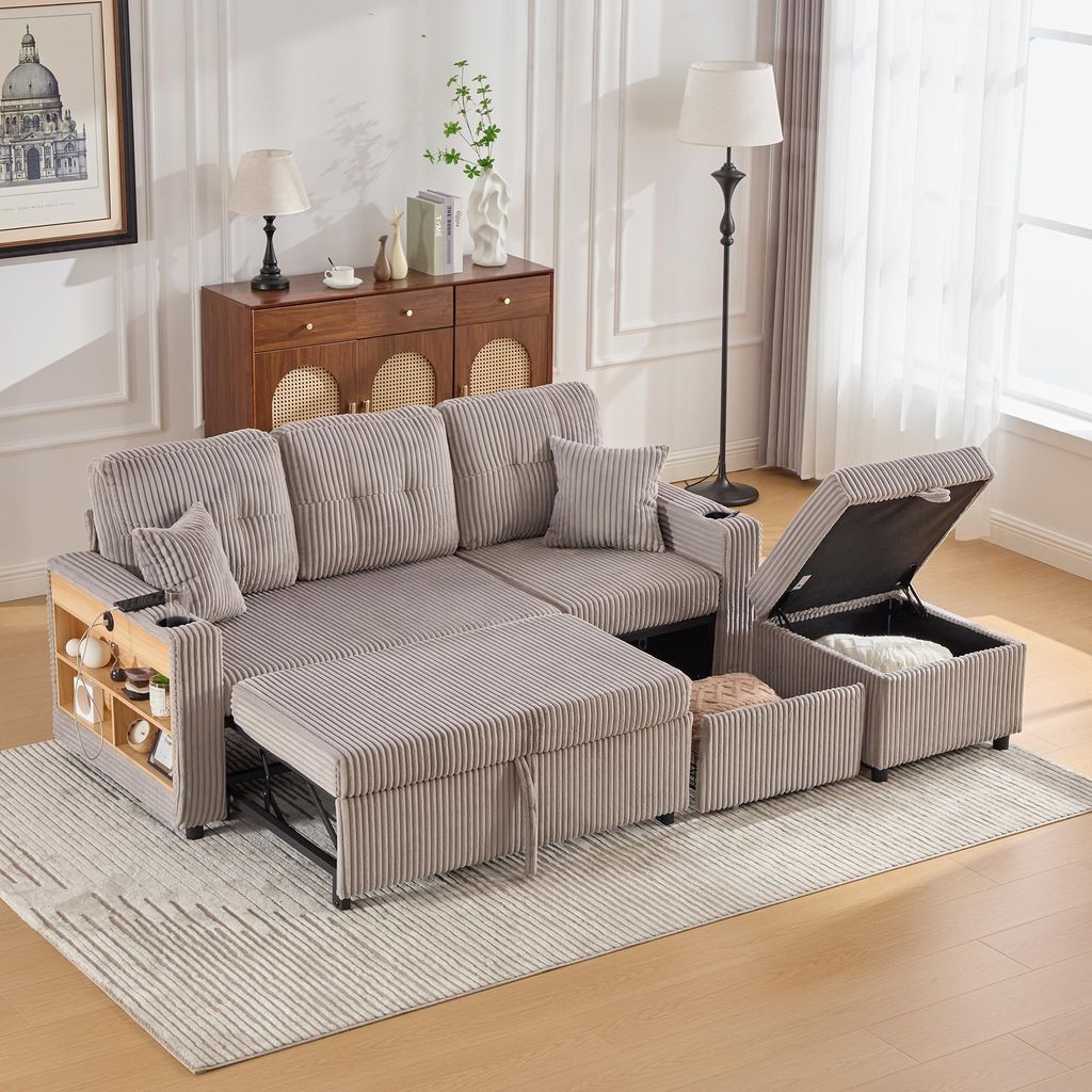 okwish Modulares Sofa Chaiselongue aus Cord Schlafsofa mit Ausziehbare Schlaffunktion und LED-Beleuchtung, Klappsofa Loungesofa mit Sitz- und Rück...