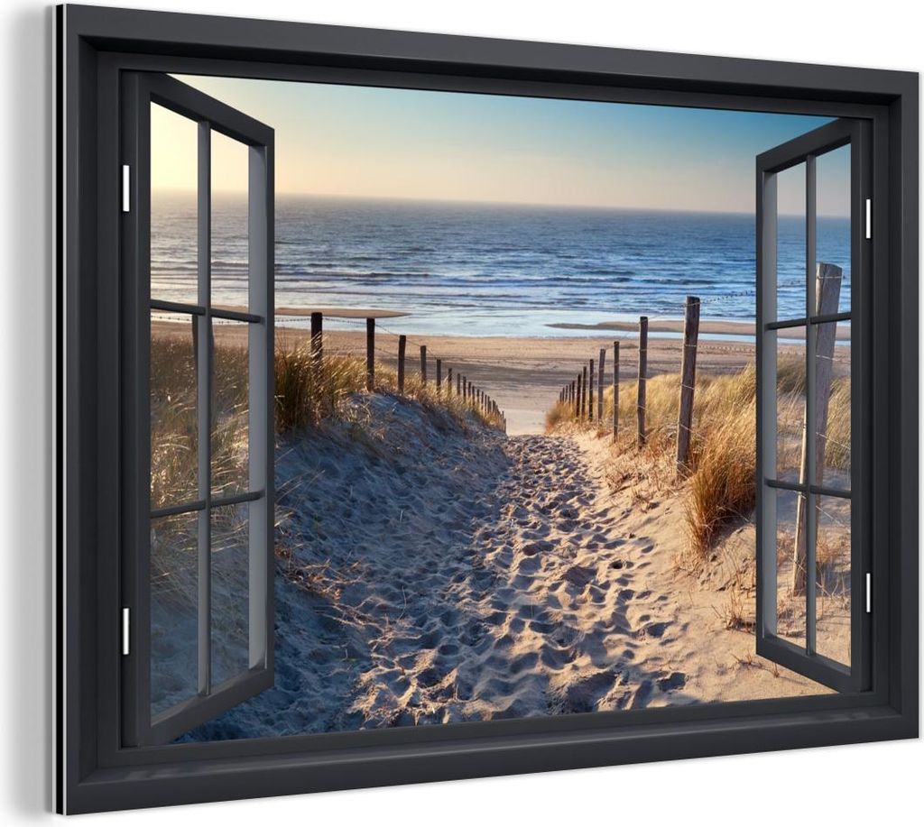 MuchoWow Wanddekoration Metall Metallbild Wandkunst 90x60 cm Aussicht - Dünen - Strand - Natur - Ländlich - Fenster MuchoWow Aluminium Gemälde -...