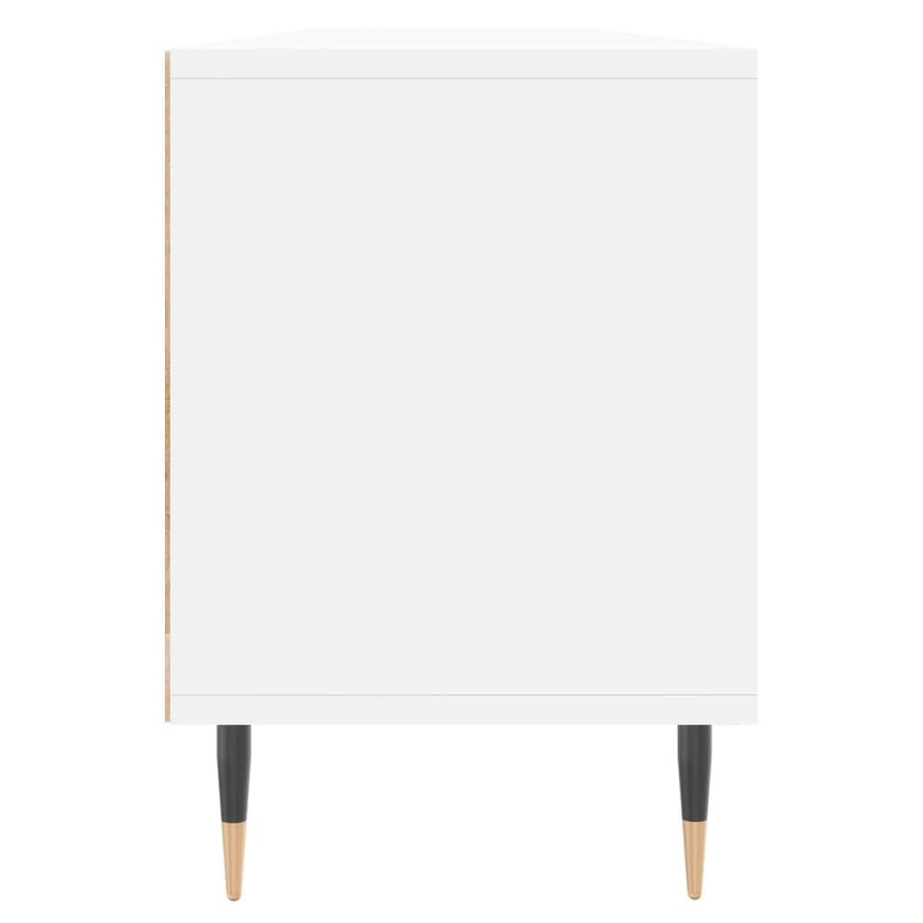 A white TV cabinet with black and wood-colored legs, shown from the front on a white background.