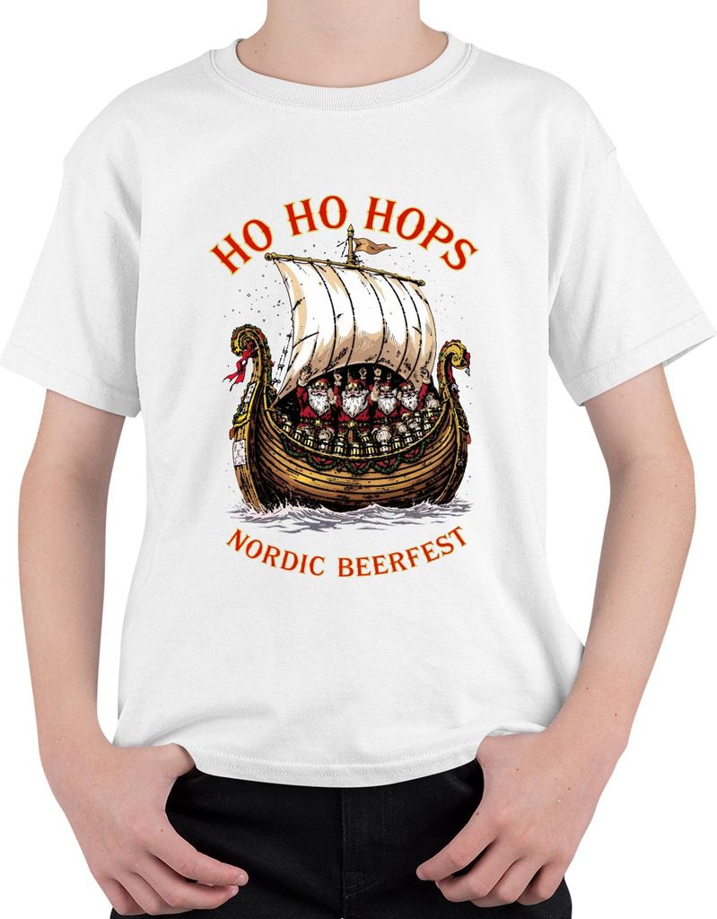 Nordic Beerfest HO HO HOPS Wikingerschiff Weihnachtsmann Uni Kinder T-Shirt, Weiß, 140