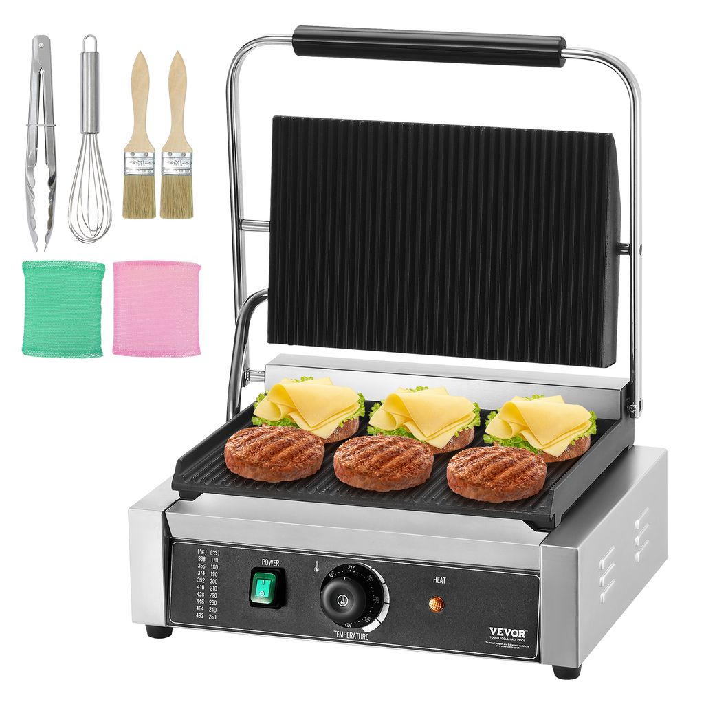 VEVOR kommerzieller Panini-Grill Kontaktgrill 2200 W für Sandwiches Steak Bacon Hamburger, Sandwichmaker Pressgrill aus Edelstahl mit Griff & Temp...