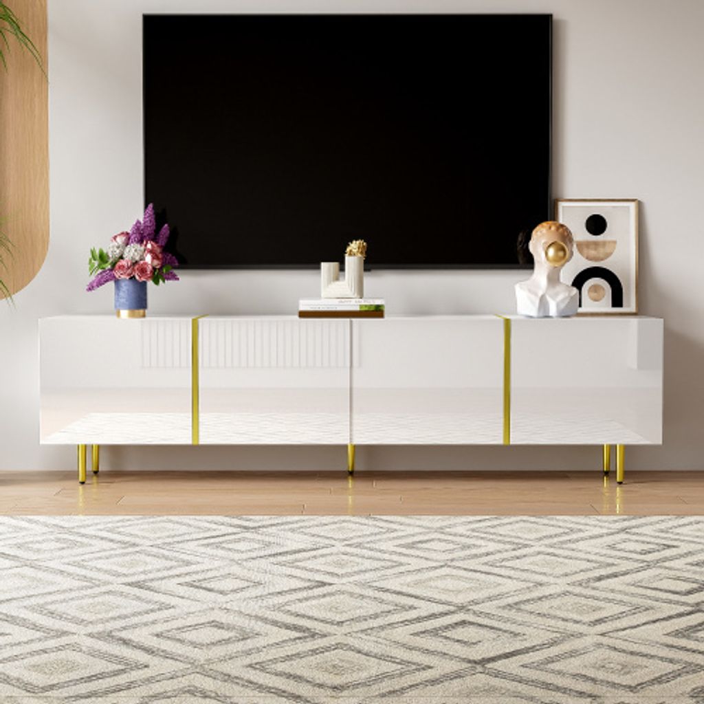 MODFU TV-Schrank Hochglanz Lowboard mit 4 Türen für 80-Zoll-TV, Fernsehtisch Wohnzimmerschränke mit goldene Dekoration für Wohnzimmer, Esszimme...