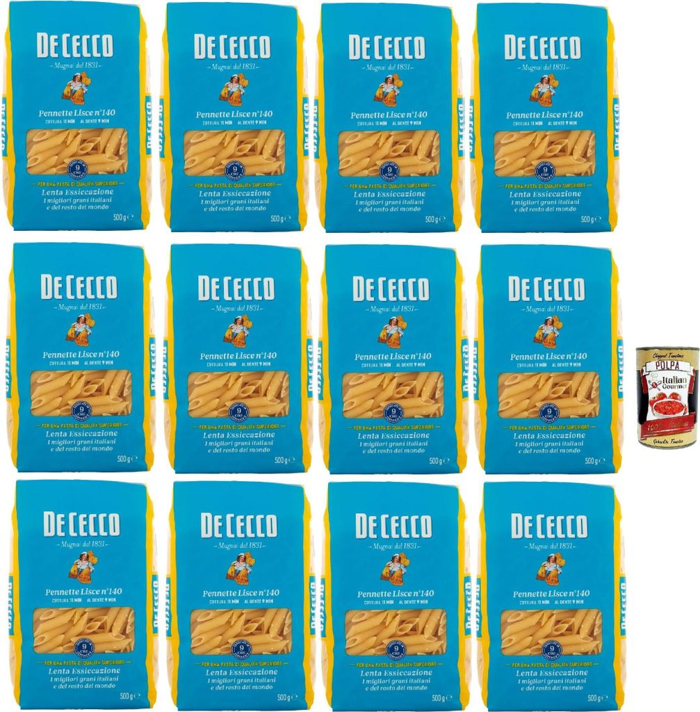 De Cecco Pennette Lisce Nr. 140 - Pasta 12x500g | Langsam trocknend | Hochwertiges Hartweizengrieß | 11 min kochen (al dente 9) | Ideal Tomatenso...
