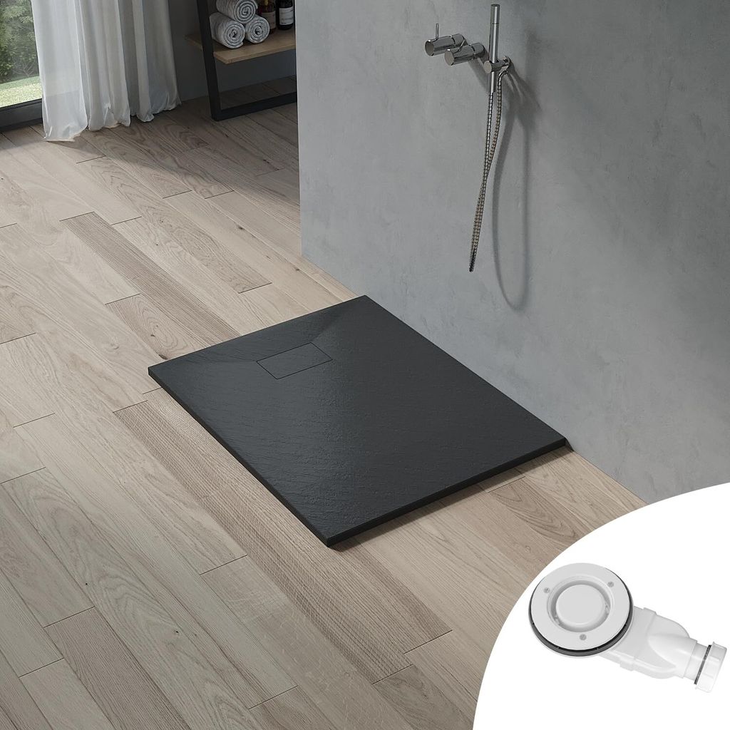 AQUABATOS SMC Duschwannen für badezimmer antirutsch, schieferoptik duschtasse rechteckig, modern-design brausewanne schwarz extra-flach 100x80cm m...