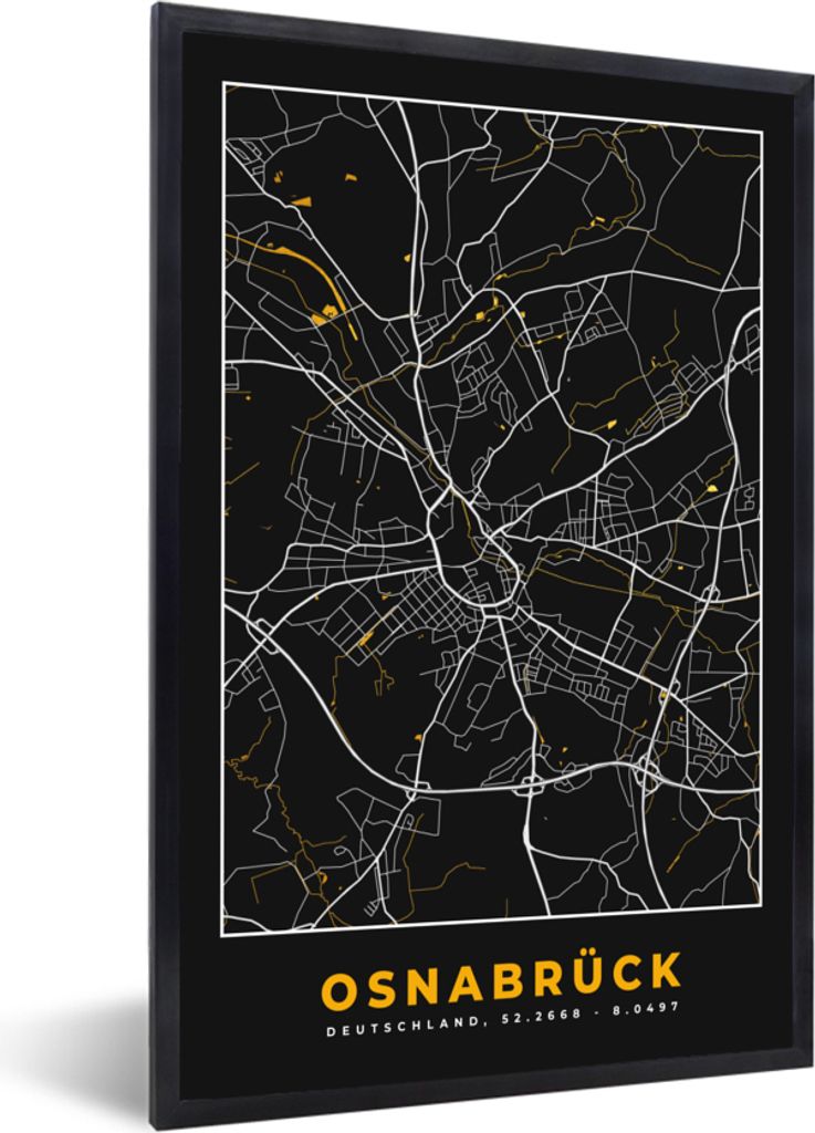 MuchoWow Gerahmtes Poster Osnabrück - Gold - Karte - Stadtplan - Deutschland 20x30 cm - Poster mit Schwarzem Bilderrahmen Wandposter Rahmen Foto...
