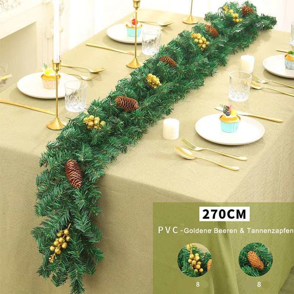 Weihnachtsgirlande 2,7m Künstliche Tannengirlande Deko PVC Für Zuhause & Schaufenster, Goldene Beeren & Tannenzapfen