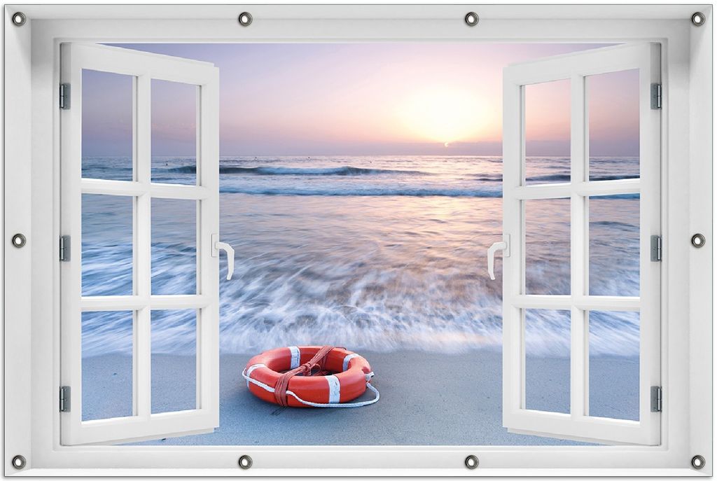 Wallario Outdoor-Poster für Garten oder Balkon 100 x 150 cm: Rettungsring am Strand bei Sonnenuntergang