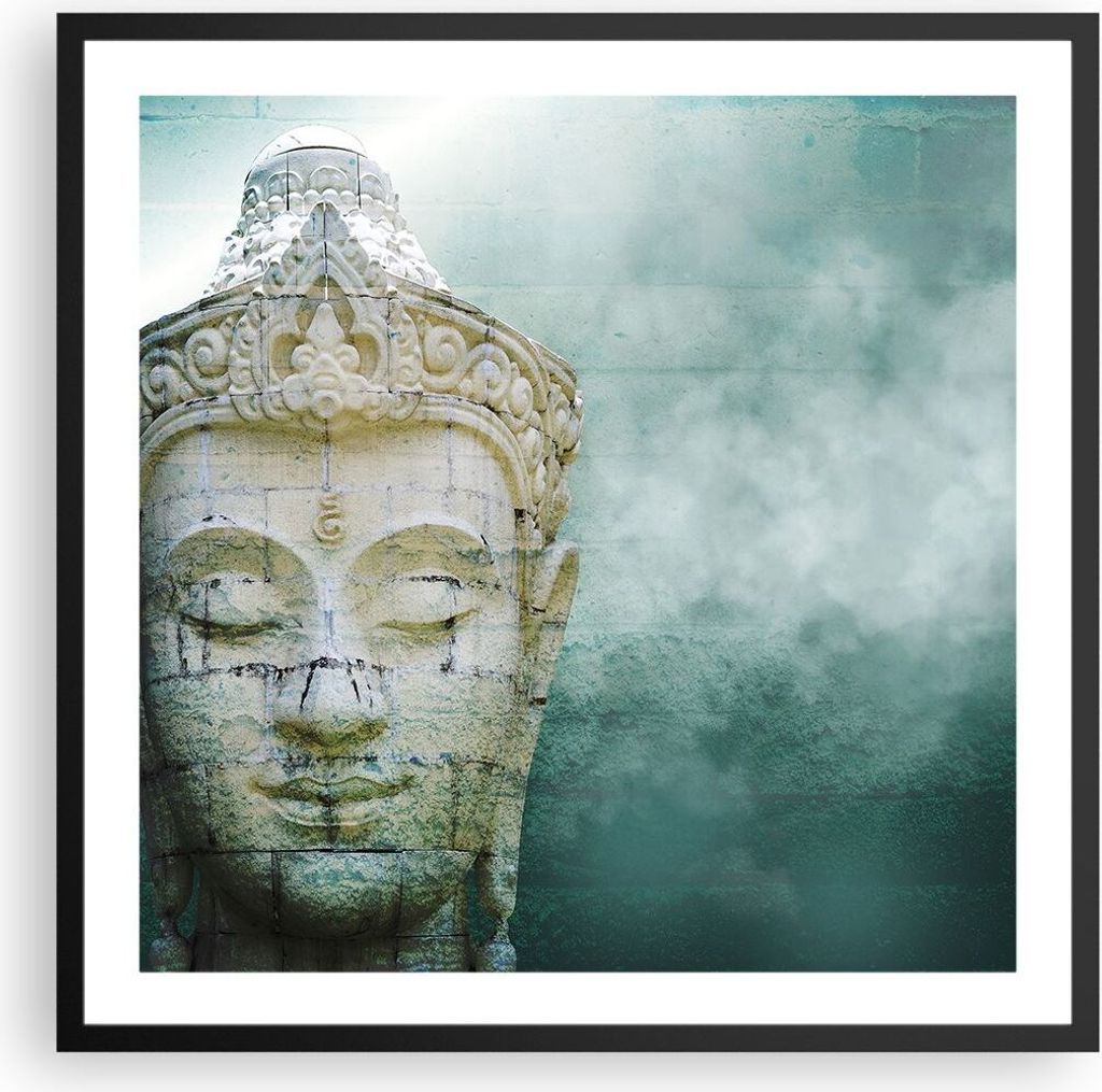 Gerahmtes Poster - Schwarzer Rahmen - Buddha Grafik Türkis - 60x60 cm - Wand Bild - Wanddeko - Wandbilder - Kunstposter - Wandposter - Bilderrahme...