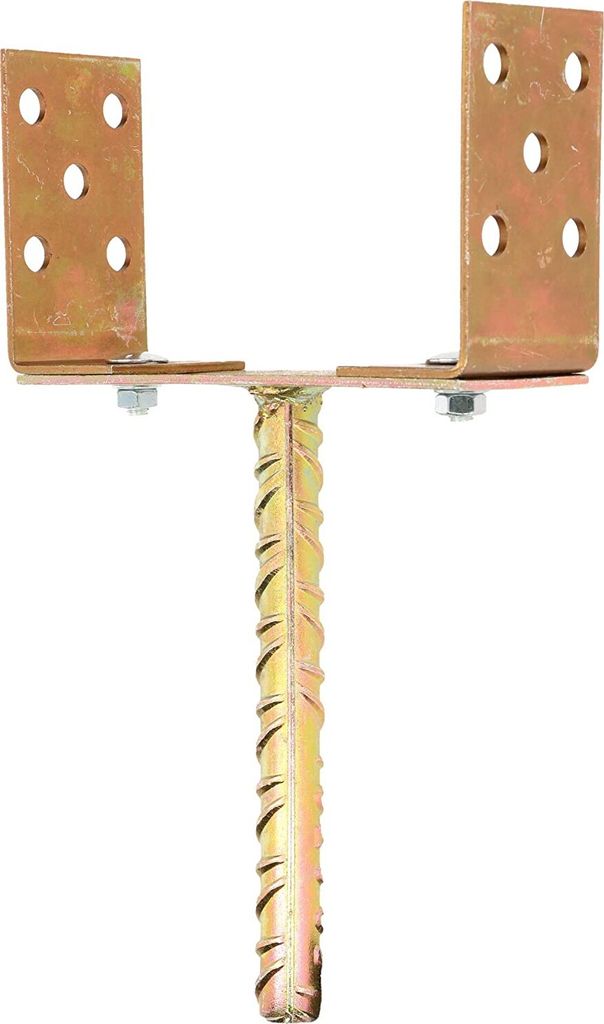 A metal post anchor bracket with a rebar spike for embedding in concrete.