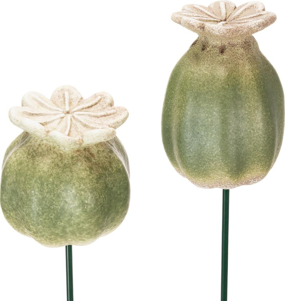 Mohnkapsel Gartenstecker Metall Keramik Dekoration für Beete und Vorgärten, 2 Stück