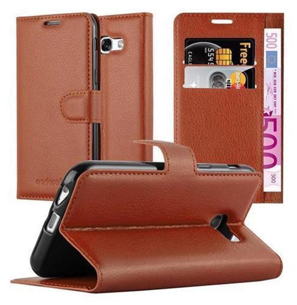 A brown leather flip case for a smartphone is displayed, open to show the phone and card slots.