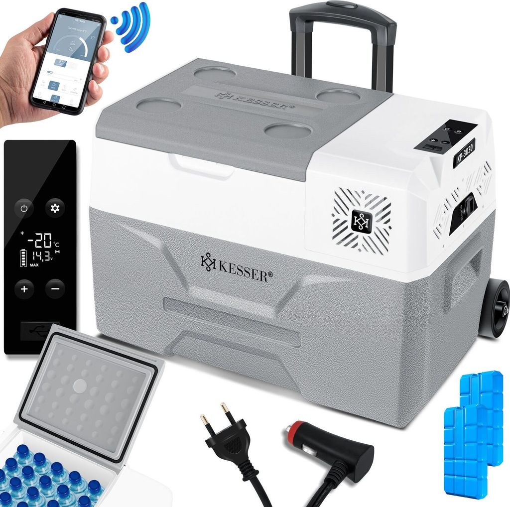 KESSER Kompressor Kühlbox elektrisch Gefrierbox, Mit APP-Steuerung USB-Anschluss 12/24 V 230V, +Teleskopstange, Kühlakkus Räder Kühlschrank K...