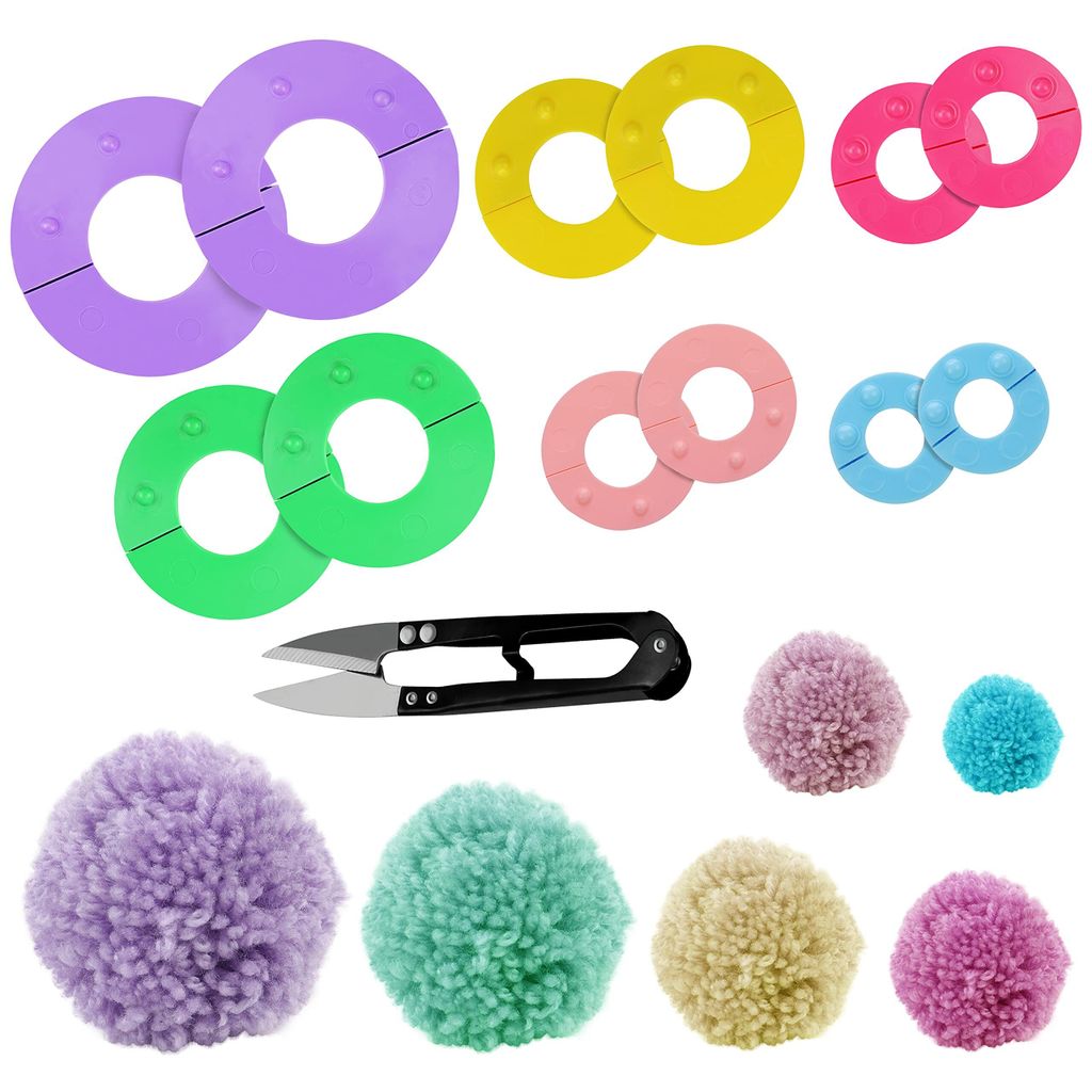 Curtzy Kunststoff Pompom Maker Set (6er Pack) mit Schneideschere - 6 Größen 2,5; 3,5; 4,5; 5,5; 7 & 9cm Puschel Basteln - Wiederverwendbare DIY Pom Pom Maker Fluff Ball Wolle Werkzeug