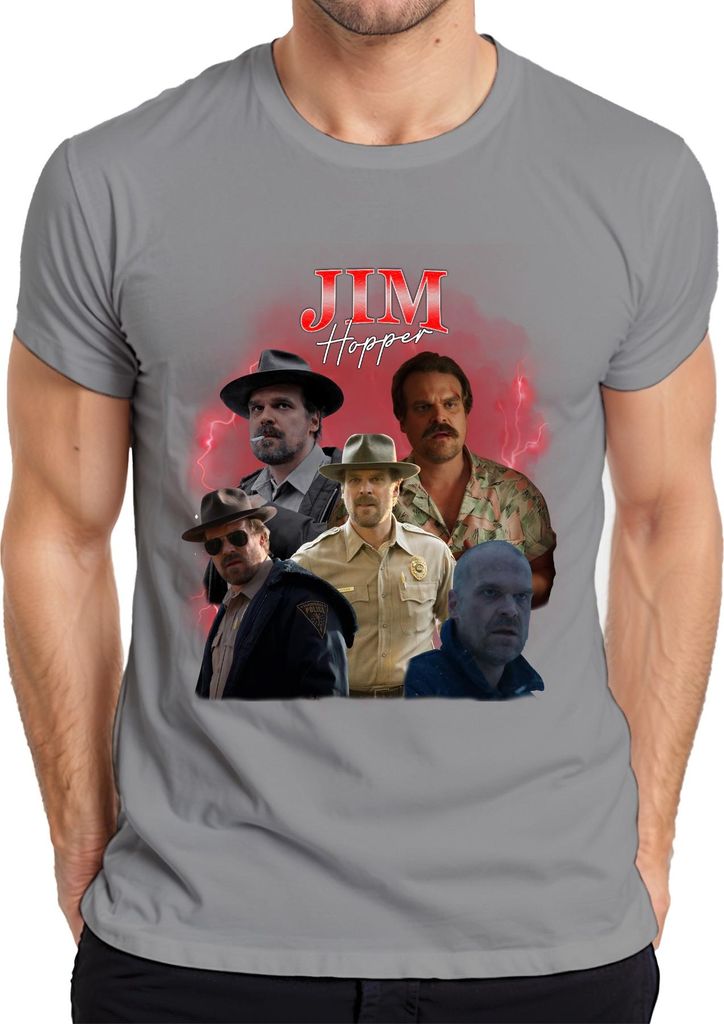 Jim Hopper Stranger Sheriff Hawkins Polizei Geschenk Serie 90s Bootleg Herren T-Shirt, Grau, XXL