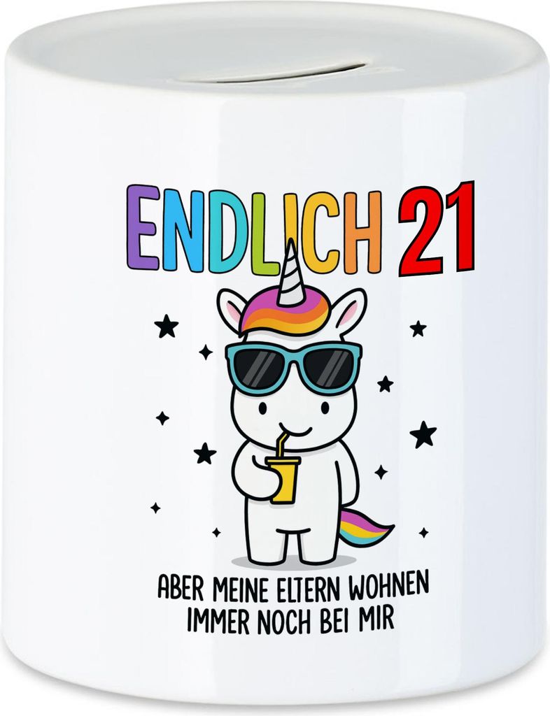 Endlich 21 Aber meine Eltern wohnen immer noch bei mir Spardose Geschenkidee Einhorn Mädchen Jungen Geburtstag