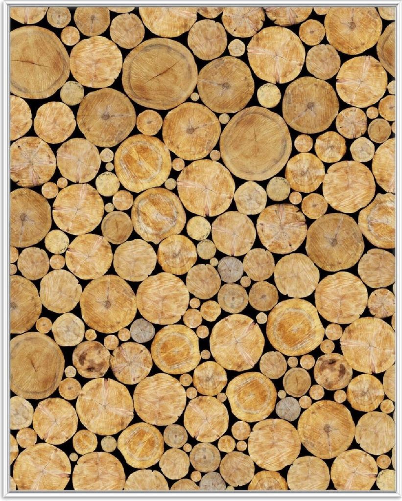 Wallario Wandbild Holzstapel rund, Größe: 40,30 x 50,30 cm, Poster mit weißem Aluminiumrahmen