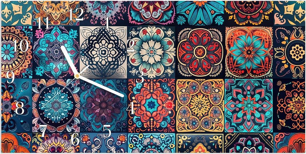 Wanduhr aus Glas mit Motiv Mandala Mosaik Teppich- 60 x 30 cm - inkl. Aufhängesystem