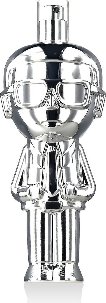 A silver perfume bottle shaped like a cartoon man in a suit and tie.