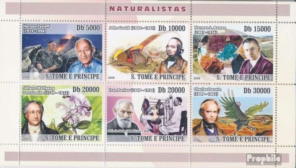 Briefmarken Sao Tome e Principe 2008 Mi 3506-3511 Kleinbogen (kompl. Ausgabe) postfrisch Mineralien, Goethe, Pavlov (Hund)