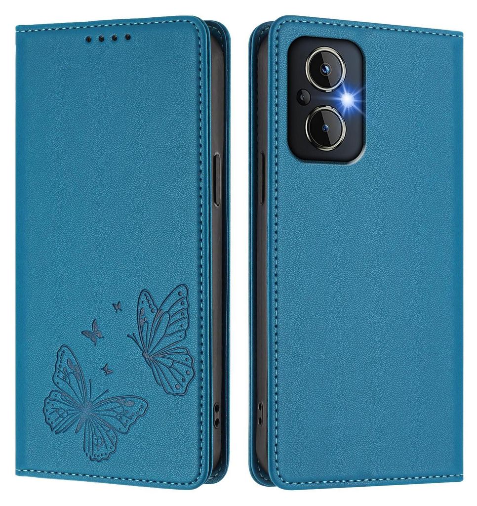 Lederhülle für OnePlus Nord N20 5G, Schmetterling Prägung Leder Brieftasche Schutzhülle mit Ständer Blau