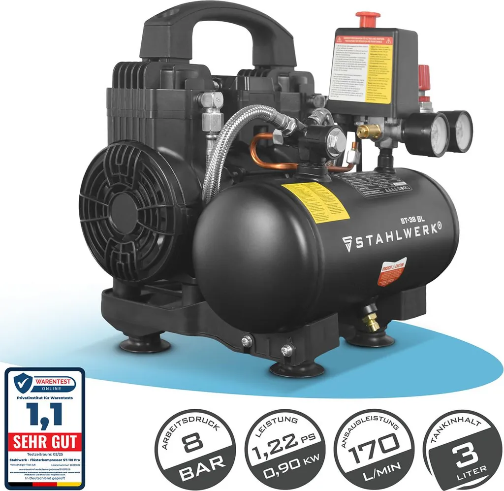 STAHLWERK Mini Compressore Silenzioso 3L 8 Bar | Ideale Modellismo