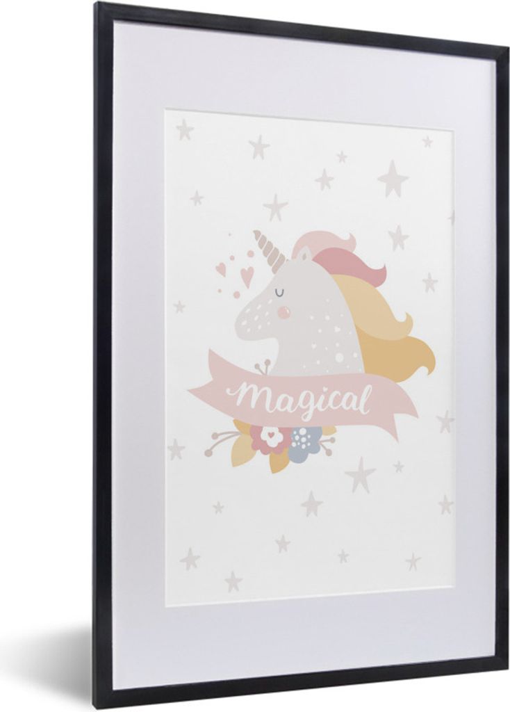 MuchoWow MuchoWow Gerahmtes Poster Einhorn - Zitat - Magie - Rosa - Mädchen - Baby - Mädchen 40x60 cm - Poster mit zchwarzem Bilderrahmen - P...