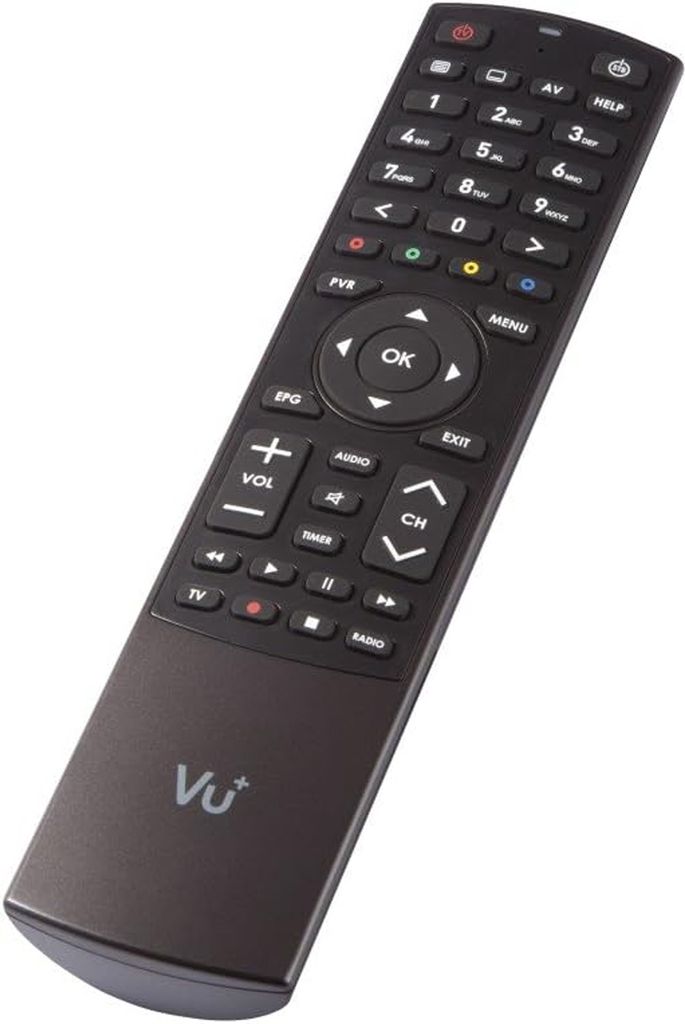 A black remote control with a dark gray bottom section, angled on a white background.