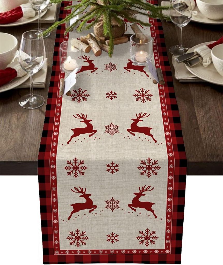 Weihnachtstischläufer, rustikaler Tischläufer mit Schneeflocken- und Elchmotiv für festliche Anlässe, Geburtstagsfeiern, Küche, Esszimmer und ...
