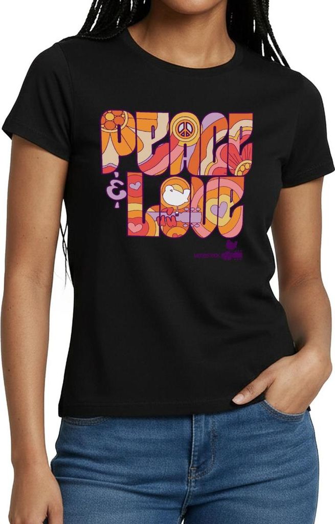 Spreadshirt Woodstock Peace Love Hippie Design Frauen T-Shirt, M, Schwarz