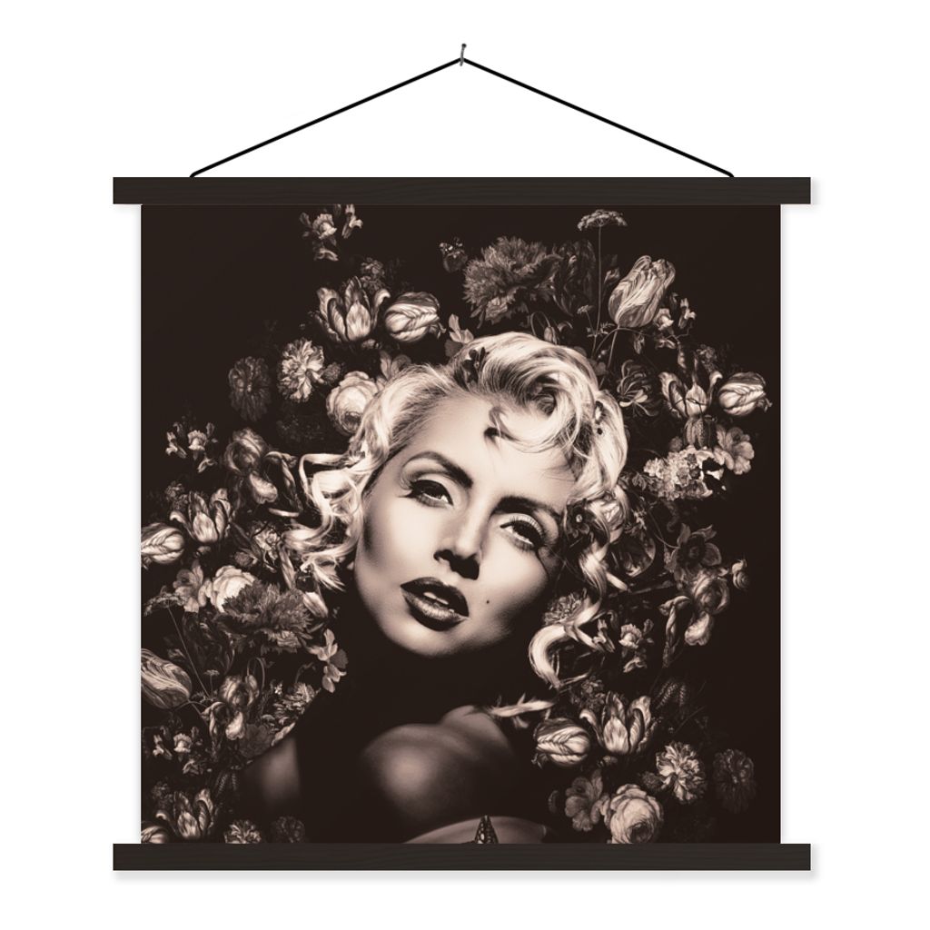 MuchoWow Textilposter Blumen - Schwarz - Weiß - Frau 40x40 cm mit schwarzem Rahmen - Fotos