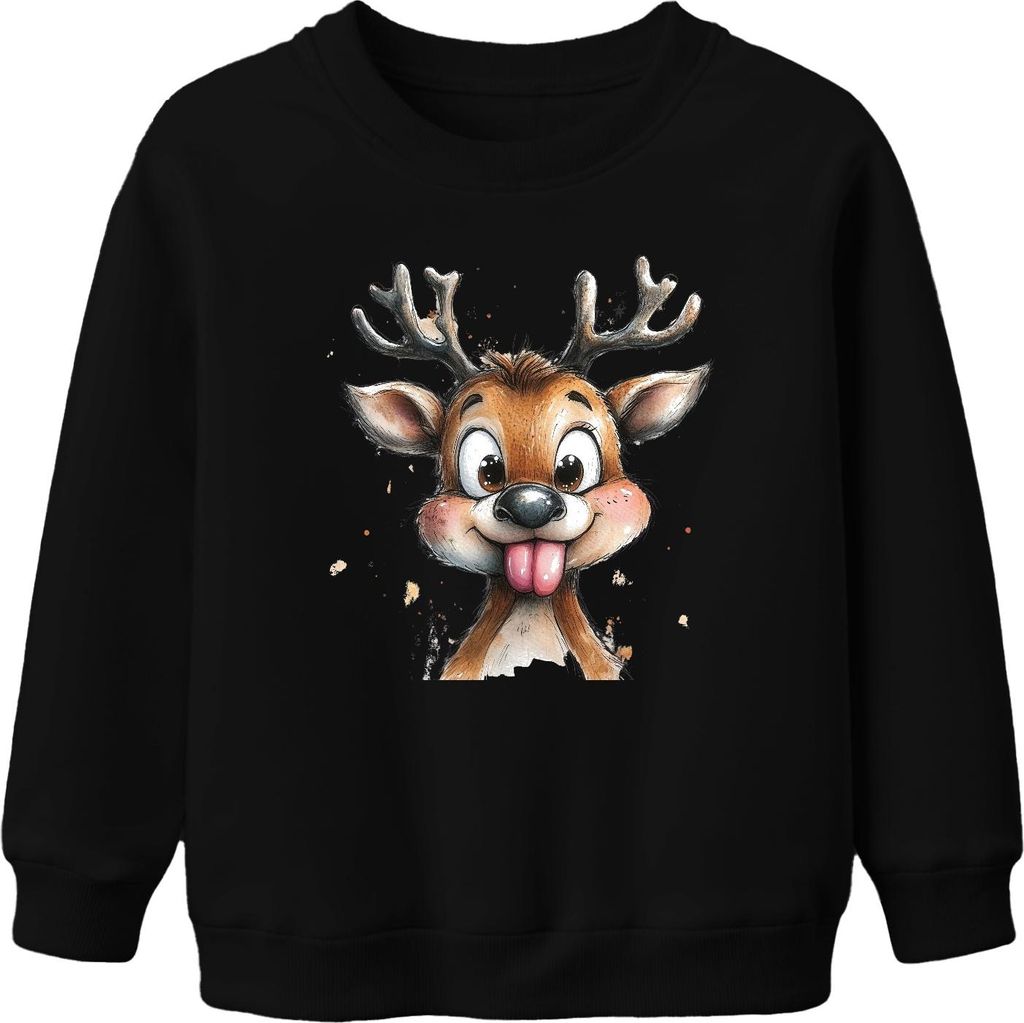 Süßes Rentier mit rausgestreckter Zunge Weihnachten Lustig Kids Uni Kinder Sweatshirt Pullover, Schwarz, 152