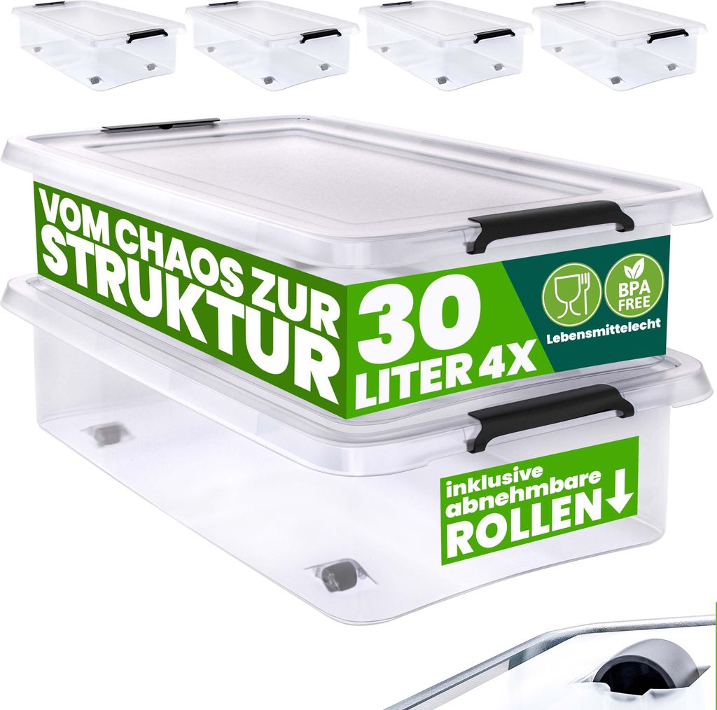 A stack of transparent storage boxes with lids and handles, with promotional text overlays.