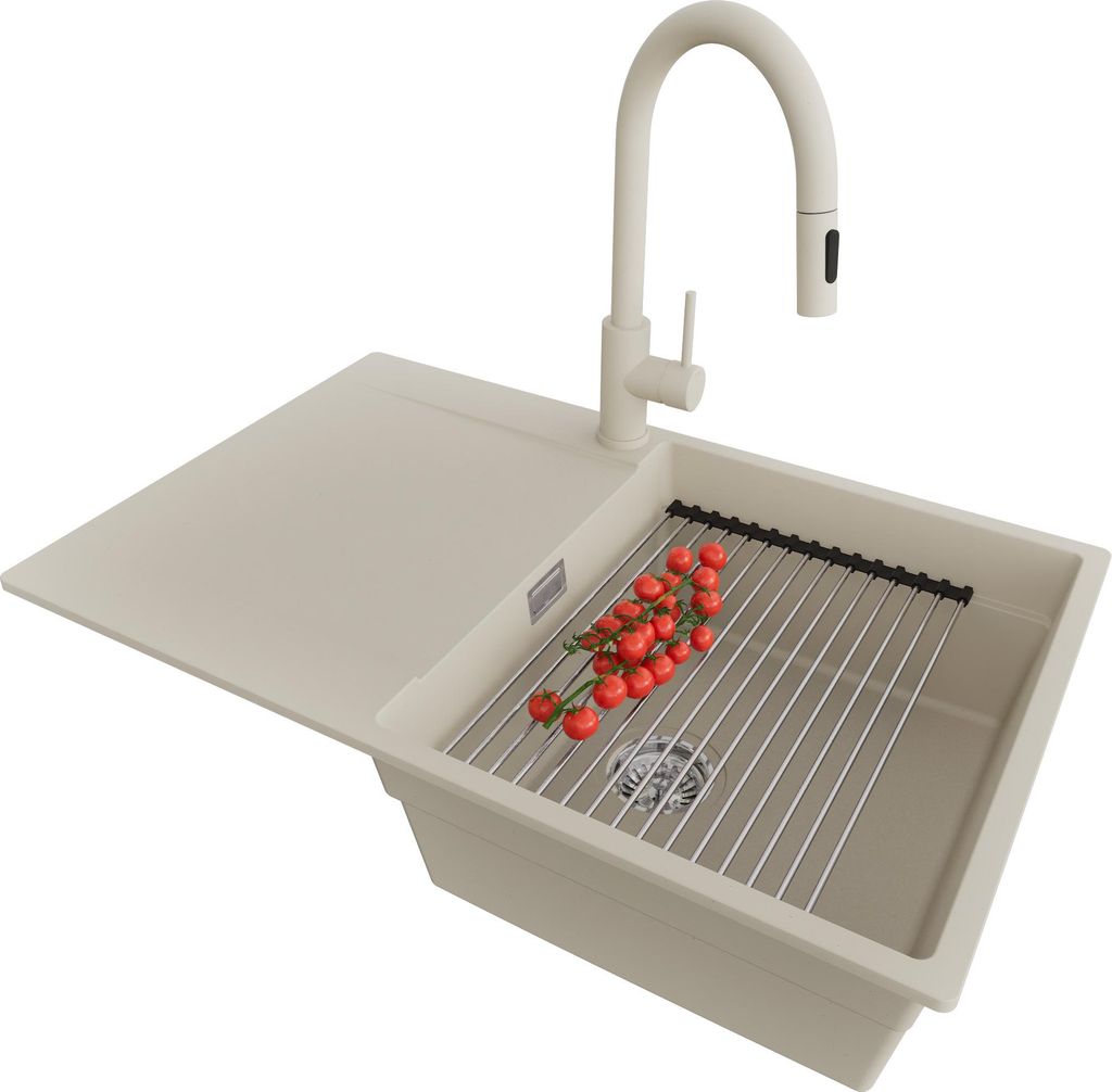 PRIMAGRAN Granitspüle Beige 78x50cm, Spülbecken 1 Becken + Ablauf-Set + Küchenzubehörset, Küchenspüle ab 50er Unterschrank - San Francisco