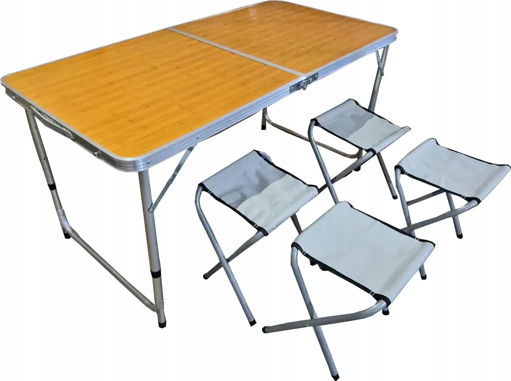 Table de Camping Valise Pliante 120 cm avec Plateau Effet Bois et Pieds