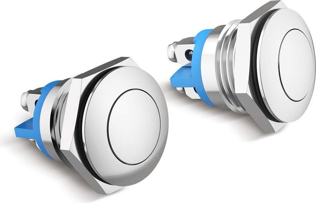 2er-Pack 16 mm Momentané Bouton Poussoir en Métal Commutateurs de Bouton Poussoir Etanche Acier Inoxydable on/Off Rond Plat Top Interrupteur Argent
