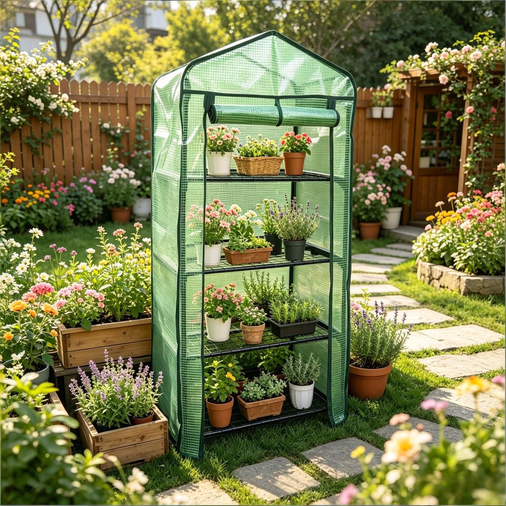 Foliengewächshaus mit 4 Ebenen, 69x49x158 cm Tomatenhaus aus 140g/m² PE-Gitterfolie & 16mm Stahlrohr, UV-beständiges Treibhaus für Balkon & Garten