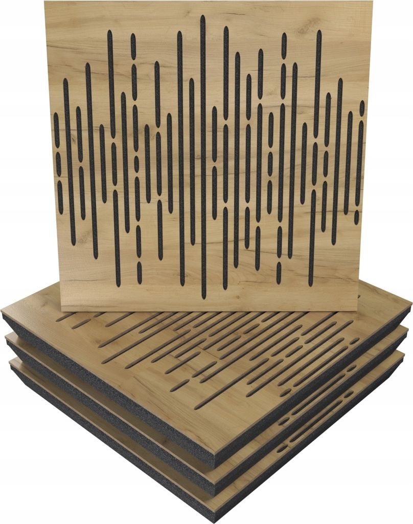 4 Stück AKUSTIK-WANDPANEELE mit Montageset | "WAVE" 50x50x5cm | Absorption und Diffusion | Farbe: Eiche