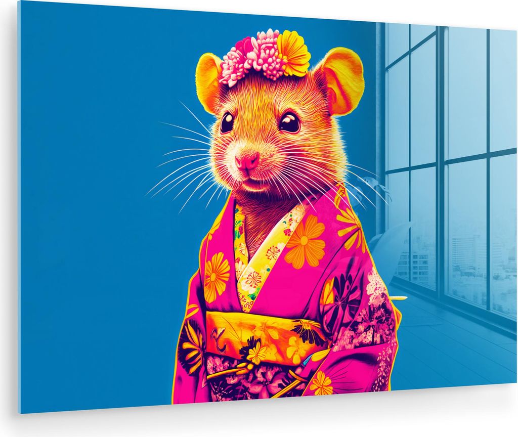 MuchoWow Glasbilder - Bilder auf Wandbild - Foto auf Glas Maus - Kimono - Blumen - Blau 60x40 cm Wanddekoration aus Glas - Acrylglasbild - Acrylbil...
