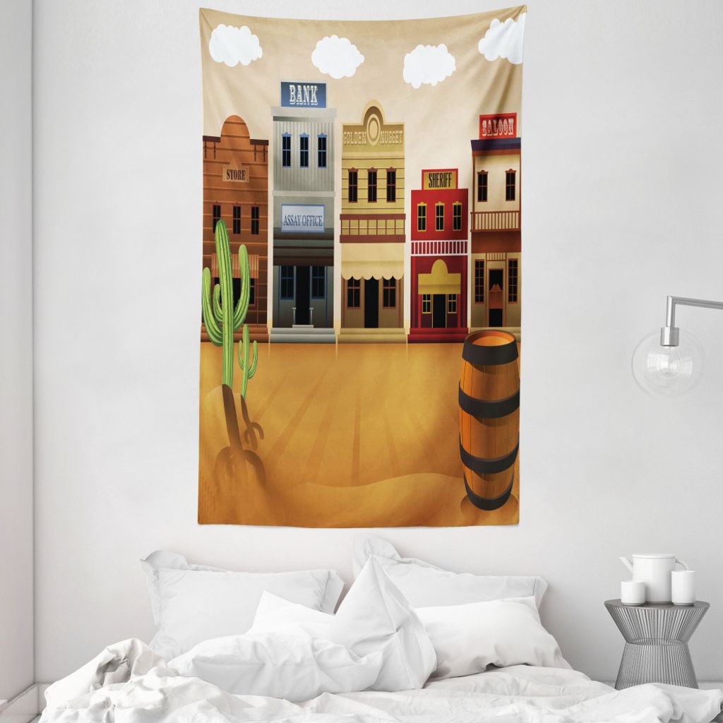 ABAKUHAUS amerikanisch Wandteppich und Tagesdecke, Wild-West-Dorf Stadt aus Weiches Mikrofaser Stoff Waschbar ohne Verblassen Digitaldruck, 140 x 2...