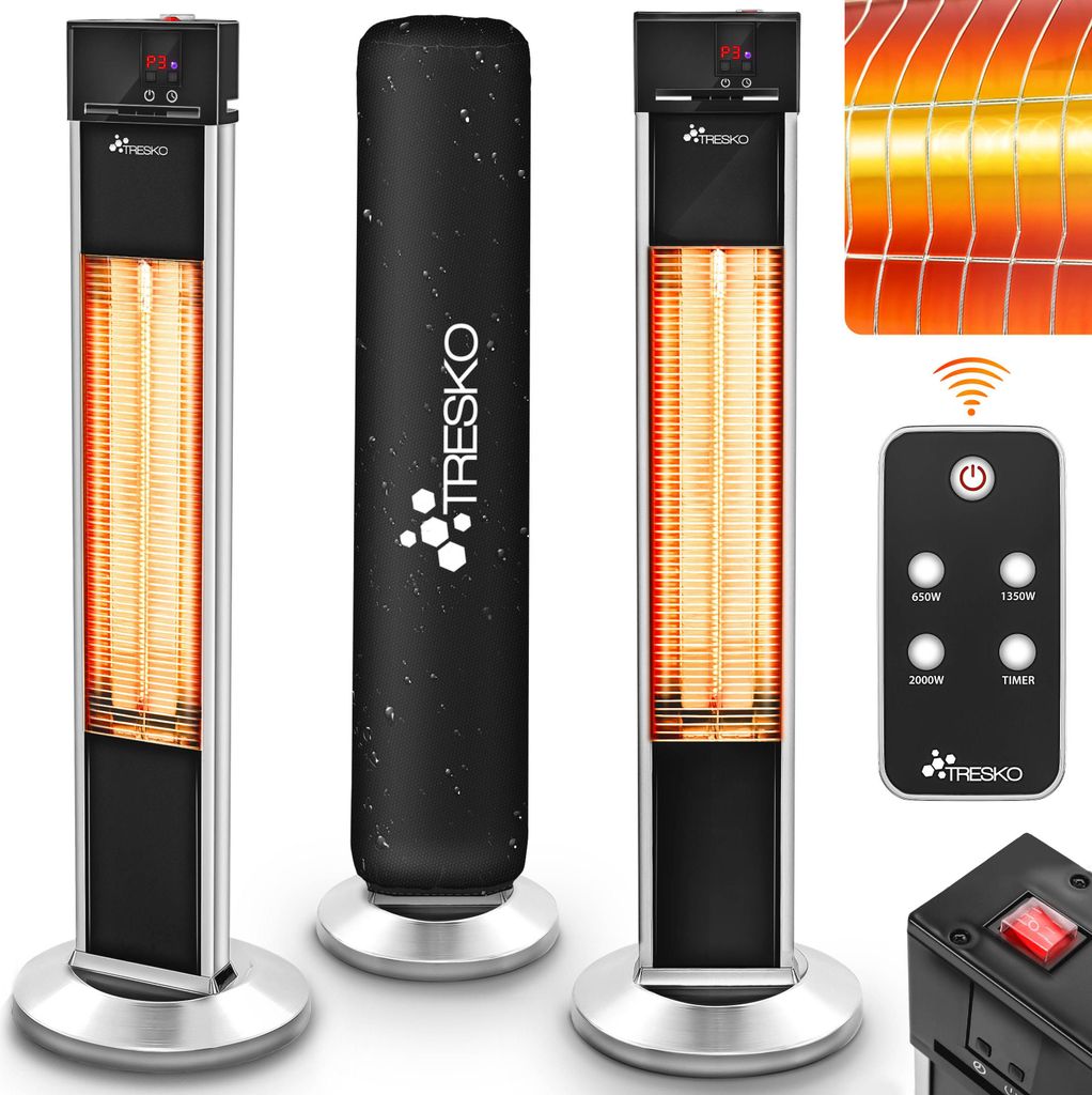 TRESKO Infrarot Stand-Heizstrahler 2000W mit Fernbedienung & Abdeckung | Wärmestrahler Terrasse elektrisch mit 3 Heizstufen | Terrassenstrahler In...