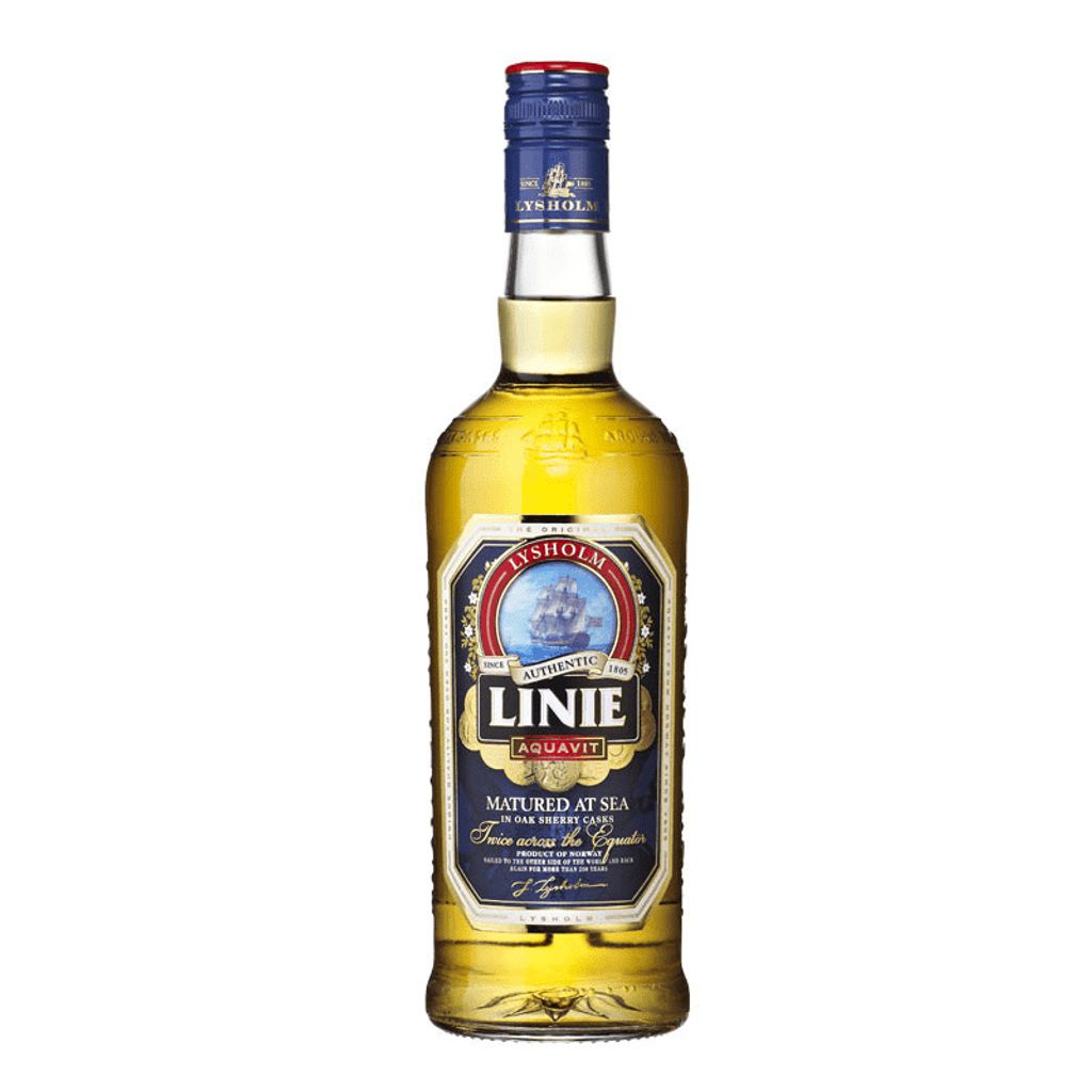 A bottle of Linie Aquavit on a white background.