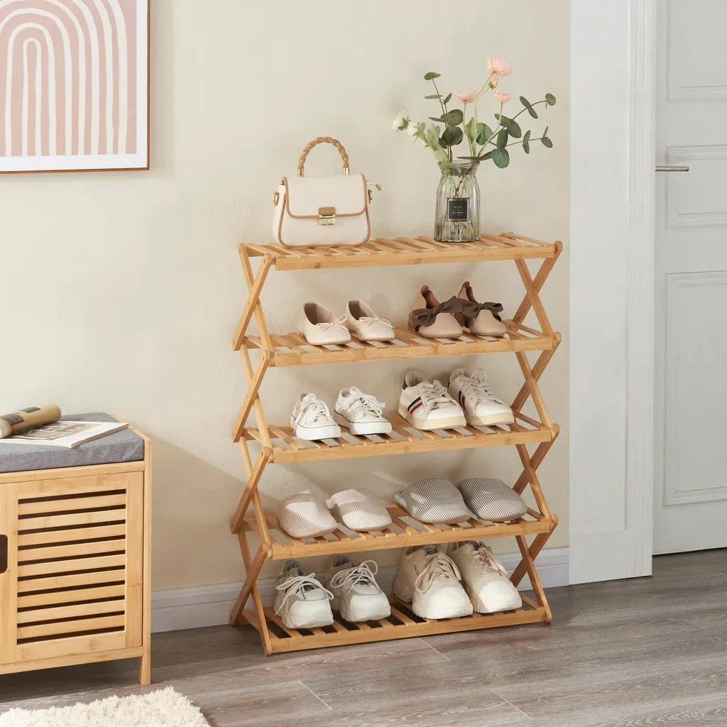 Étagère à chaussures pliable Fitzbek en bambou naturel - 4 niveaux