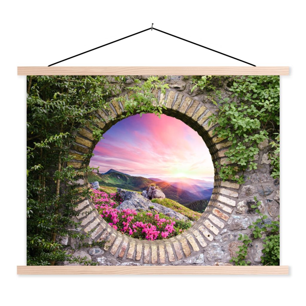 MuchoWow Textilposter Landschaft - Blumen - Aussicht - Berg 40x30 cm mit holzfarbenen Rahmen - Bilder