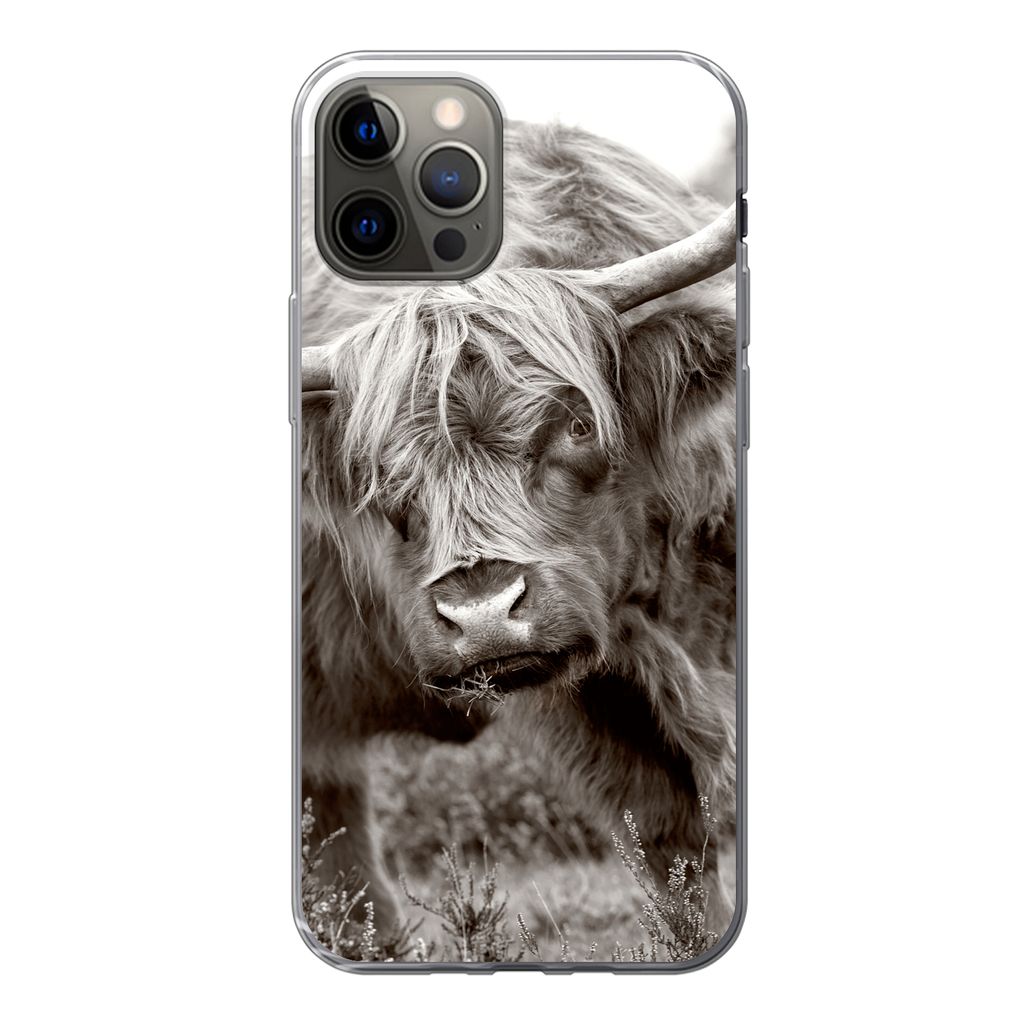 MuchoWow Handyhülle Schutzhülle Hülle für iPhone 12 Pro Schottischer Highlander - Schwarz - Weiß - Hörner Silikon Softcase Handy Hülle - A...